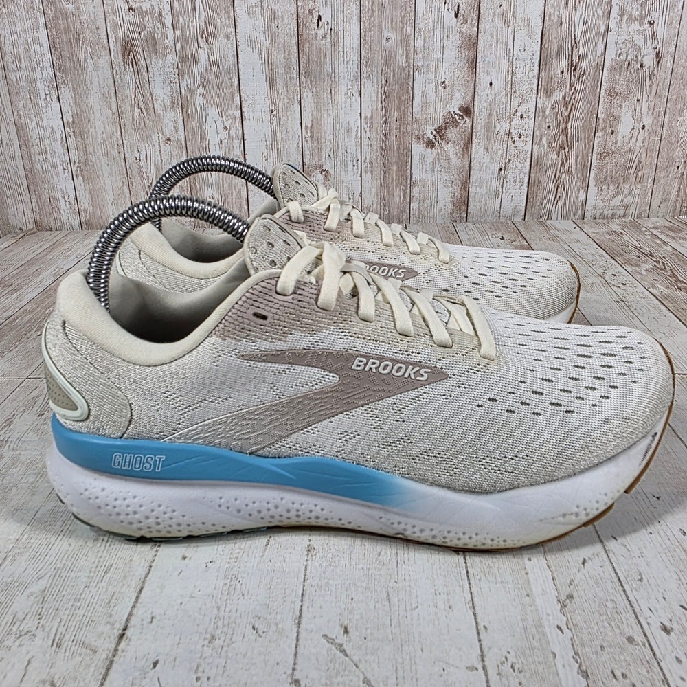 Brooks Ghost 16 Womens Running Shoes 8 Cream Tan Blue 1204071B181 Sneaker